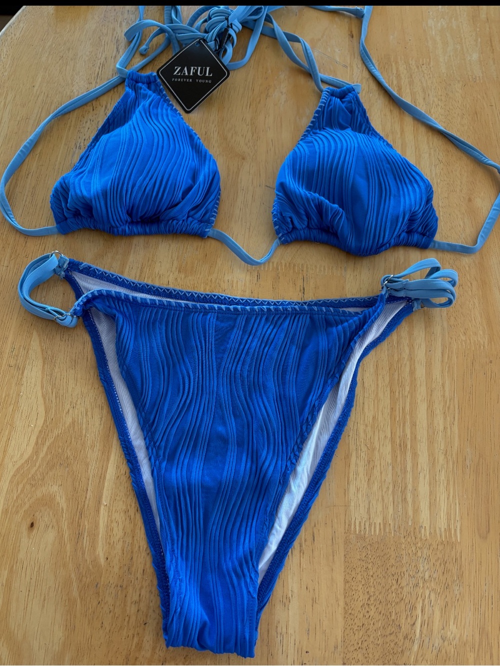 Zaful Light Blue Ribbed Bikini Bottom with Crochet Trim